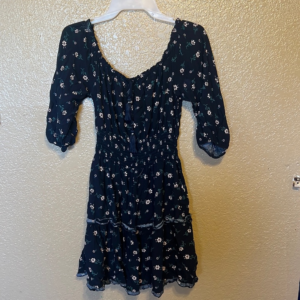Off the Shoulder Babydoll dress in dark blue base floral print